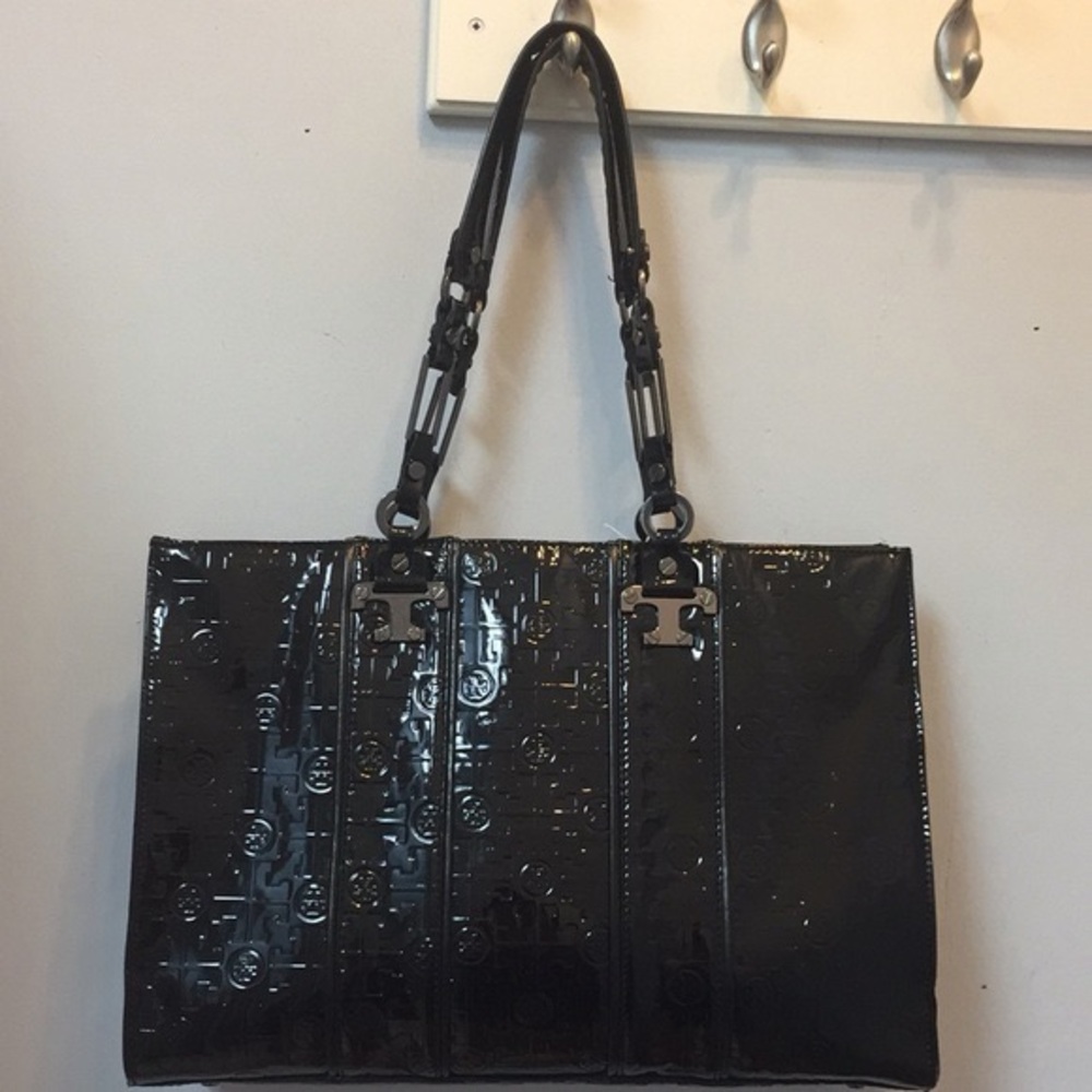 Tory Burch Glossy Black Patent Logo-Embossed Tote